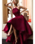 Sexy High Low Burgundy Prom Dresses with Halter Unique Elastic Satin Party Gowns